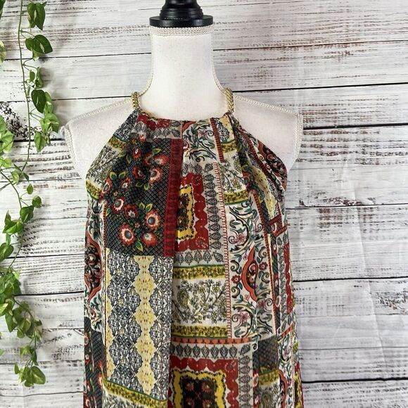 Tahari Dress size Small Orange Blue Gold Floral Paisley Boho Sheer Trapeze Boho - Picture 7 of 16